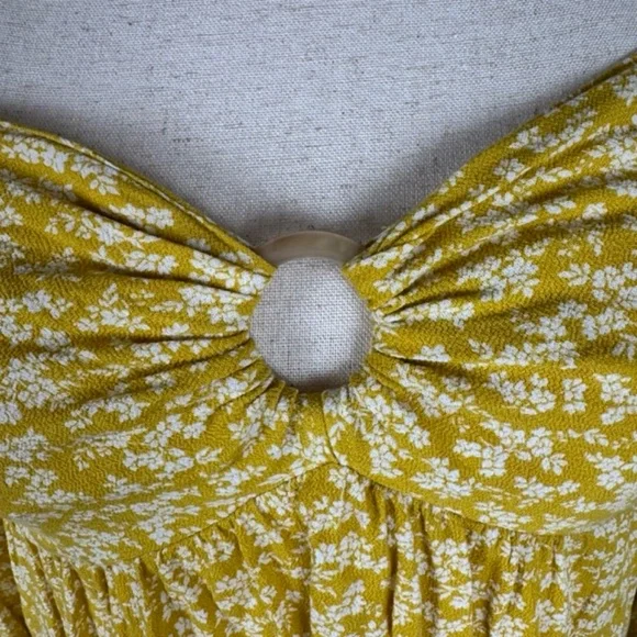 American Eagle Smocked Top Womens Yellow Floral Long Sleeve Sweetheart - Picture 3 of 5